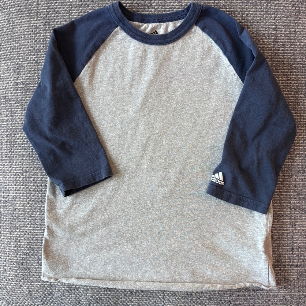 Adidas Kids Gray Navy Raglan Baseball Tee 3/4 Sleeve Size Medium